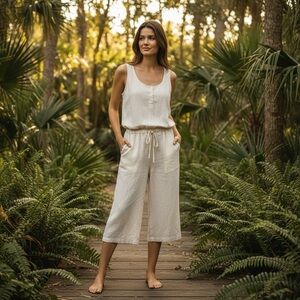 cloth & stone 100% Linen Cream Sleeveless Cropped Jumpsuit Size: M